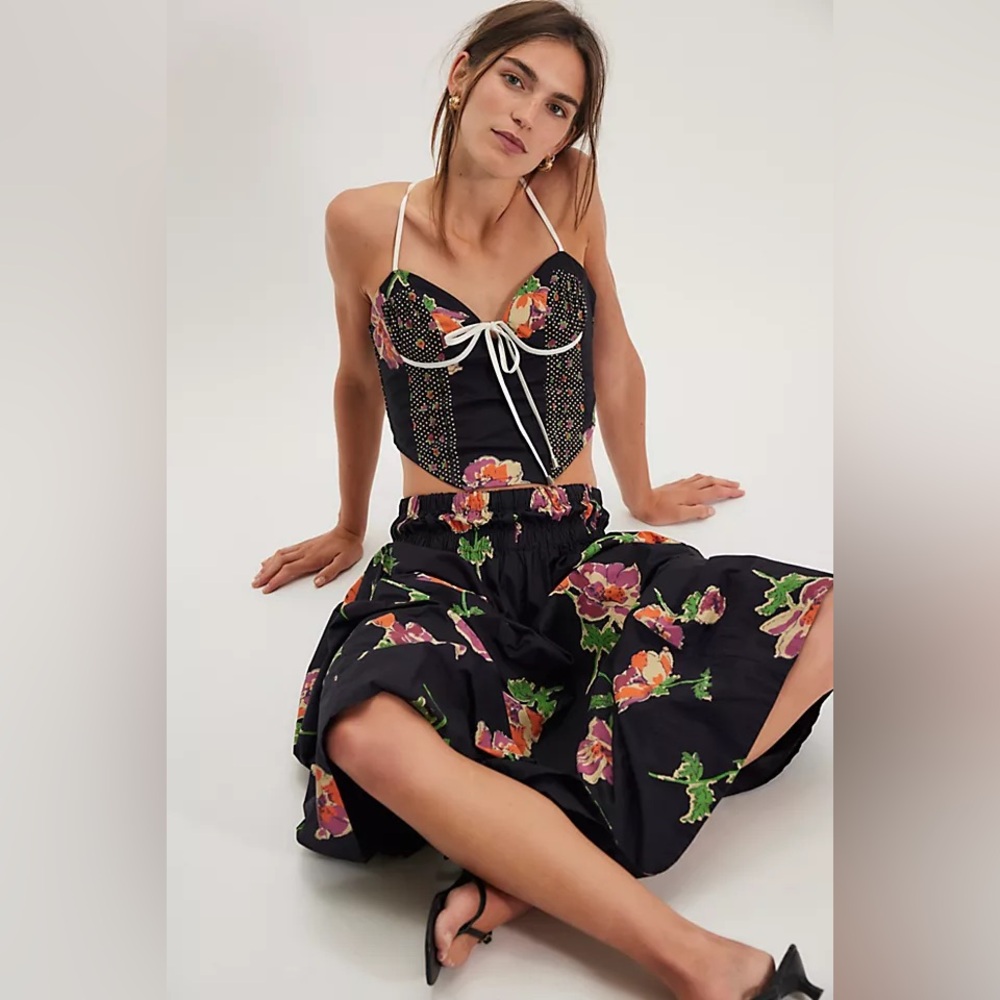 Free People Floral Black Corset Top and Skirt Set